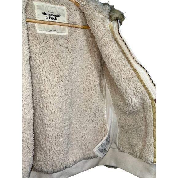 Abercrombie & Fitch Cream Tan Faux Fur Sherpa Hoodie Sweatshirt Jacket Womens L - Picture 7 of 10